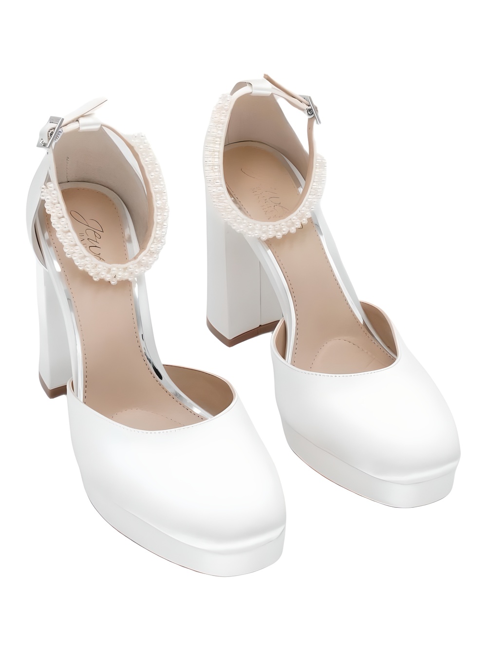 Jewel Badgley Mischka Noble Ivory Satin 3.5" Platform Block Heel Pumps Size 7M